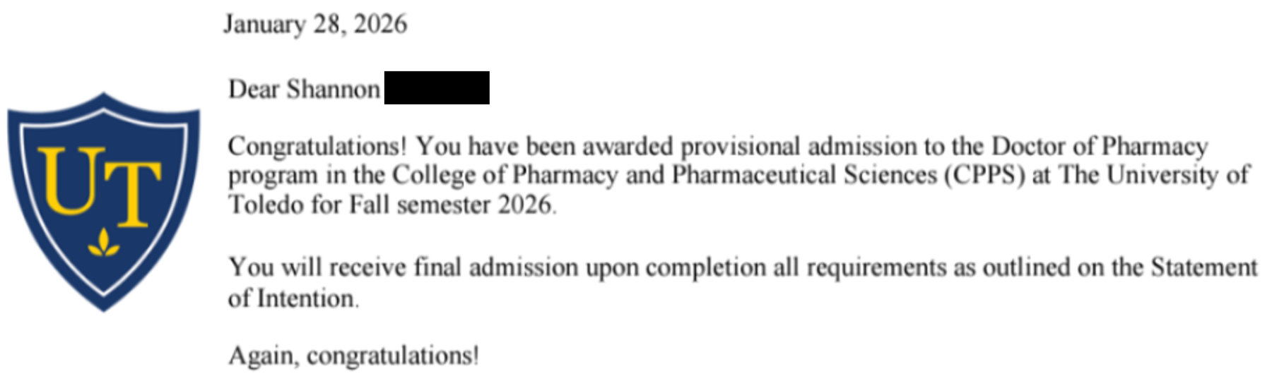 University of Toledo PharmD acceptance email